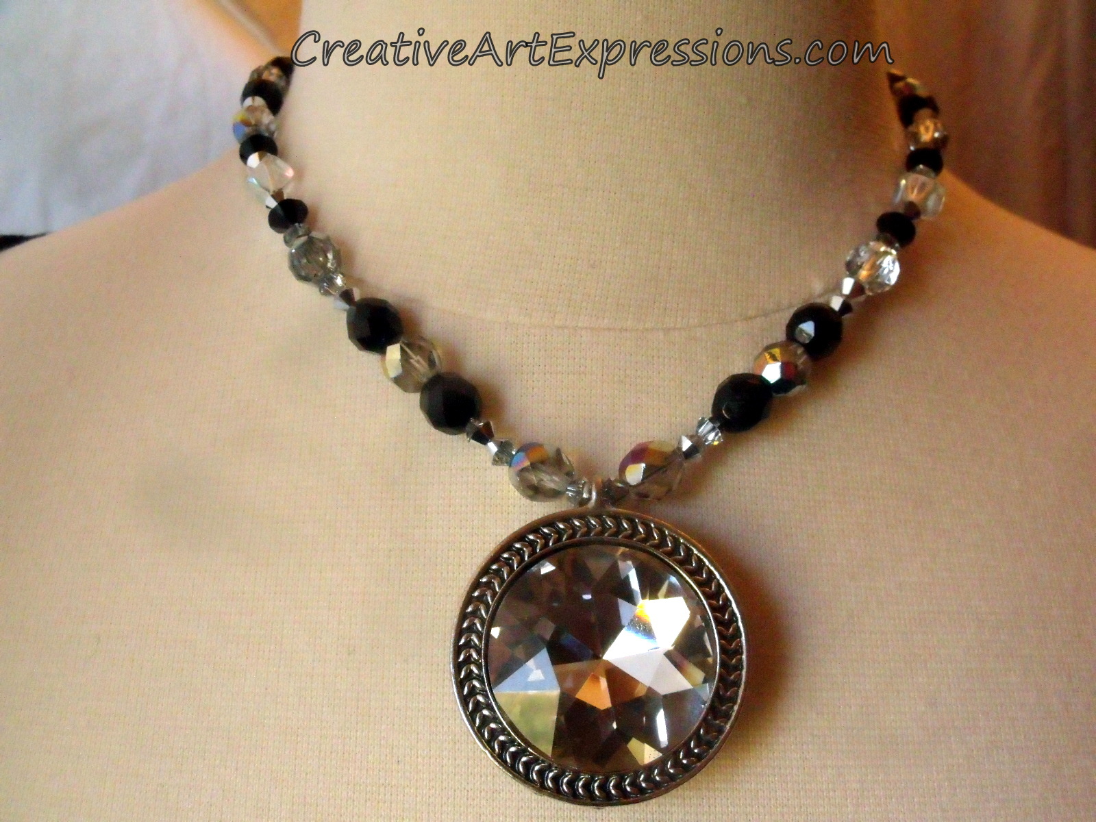 Creative Art Expressions Handmade Black & Crystal Necklace Jewelry Design